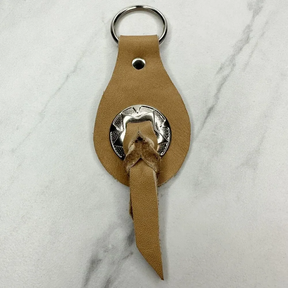Soft Brown Leather Fringe Western Concho Boho Keychain Keyring
